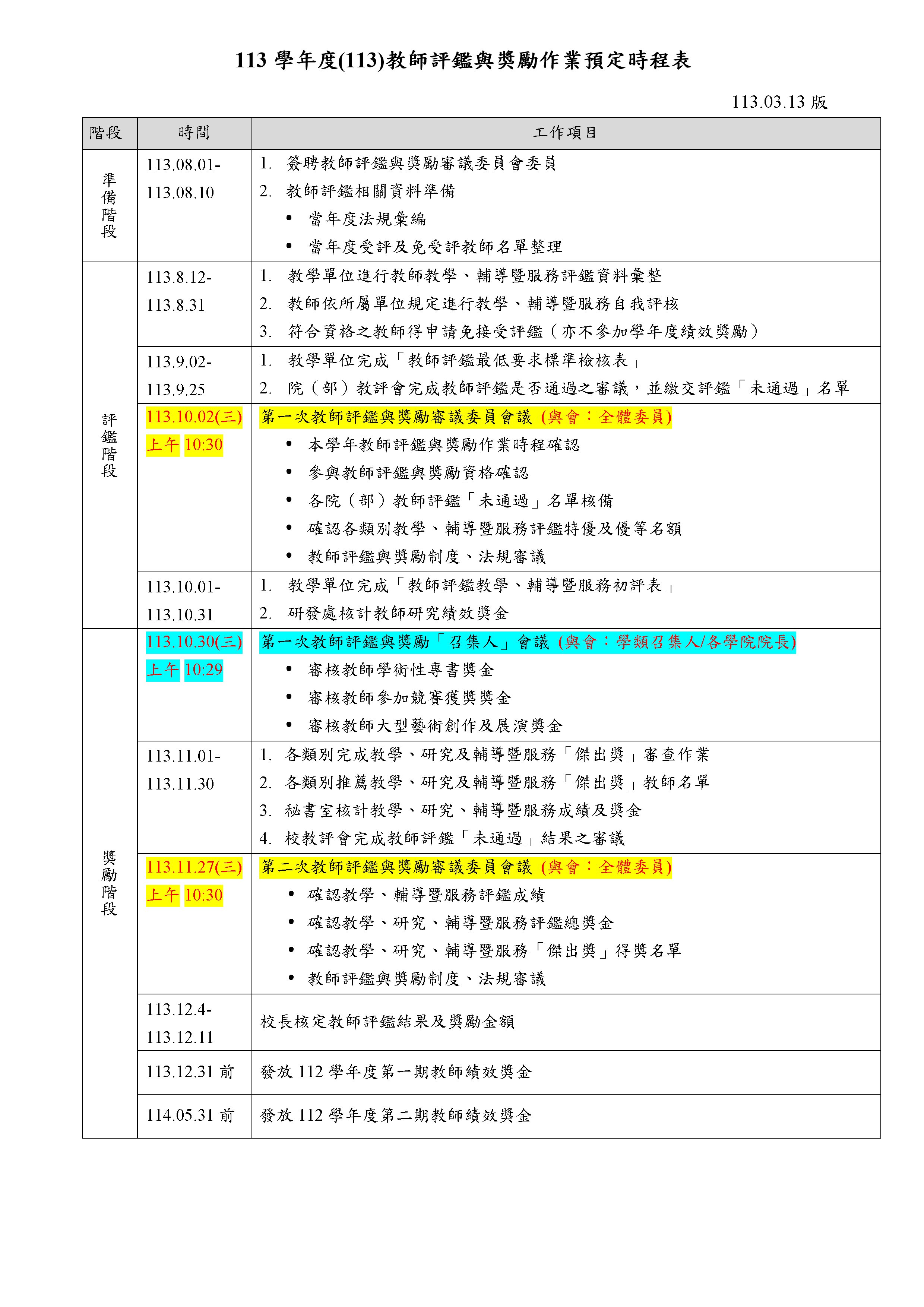 112學年度審查教師111學年度評鑑與獎勵作業預定時程表