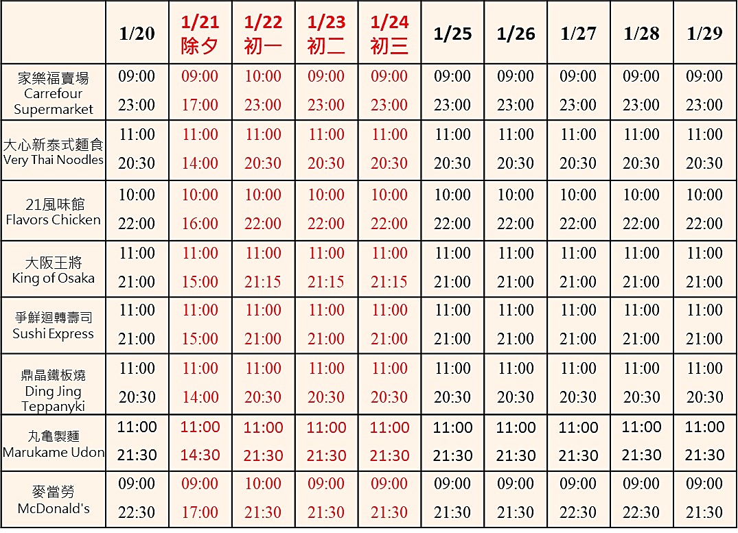 112年春節家樂福商家營業時間